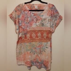 Time and Tru Women's Short Sleeve Top - Coral and Blue Floral
